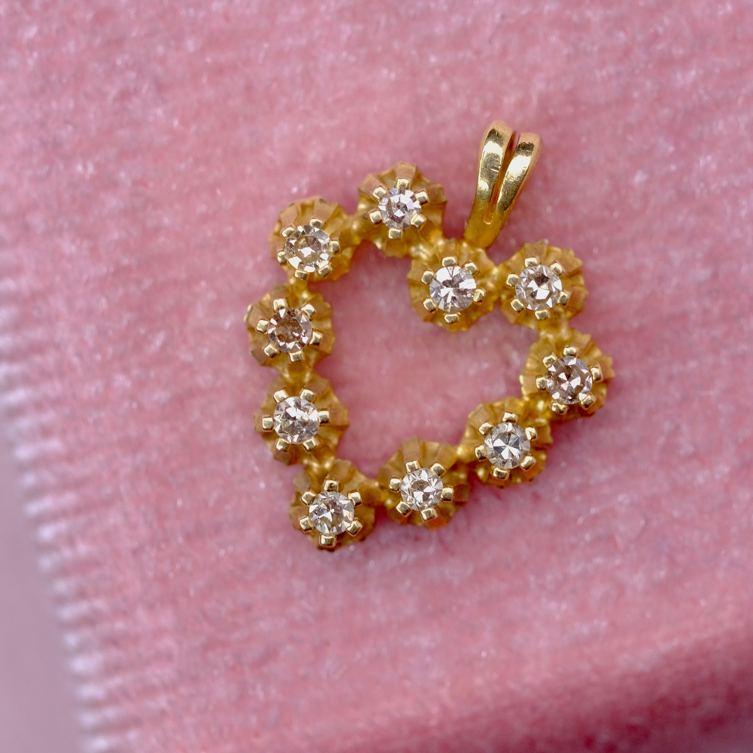 14K Real Yellow Gold Heart Charm set with genuine diamonds