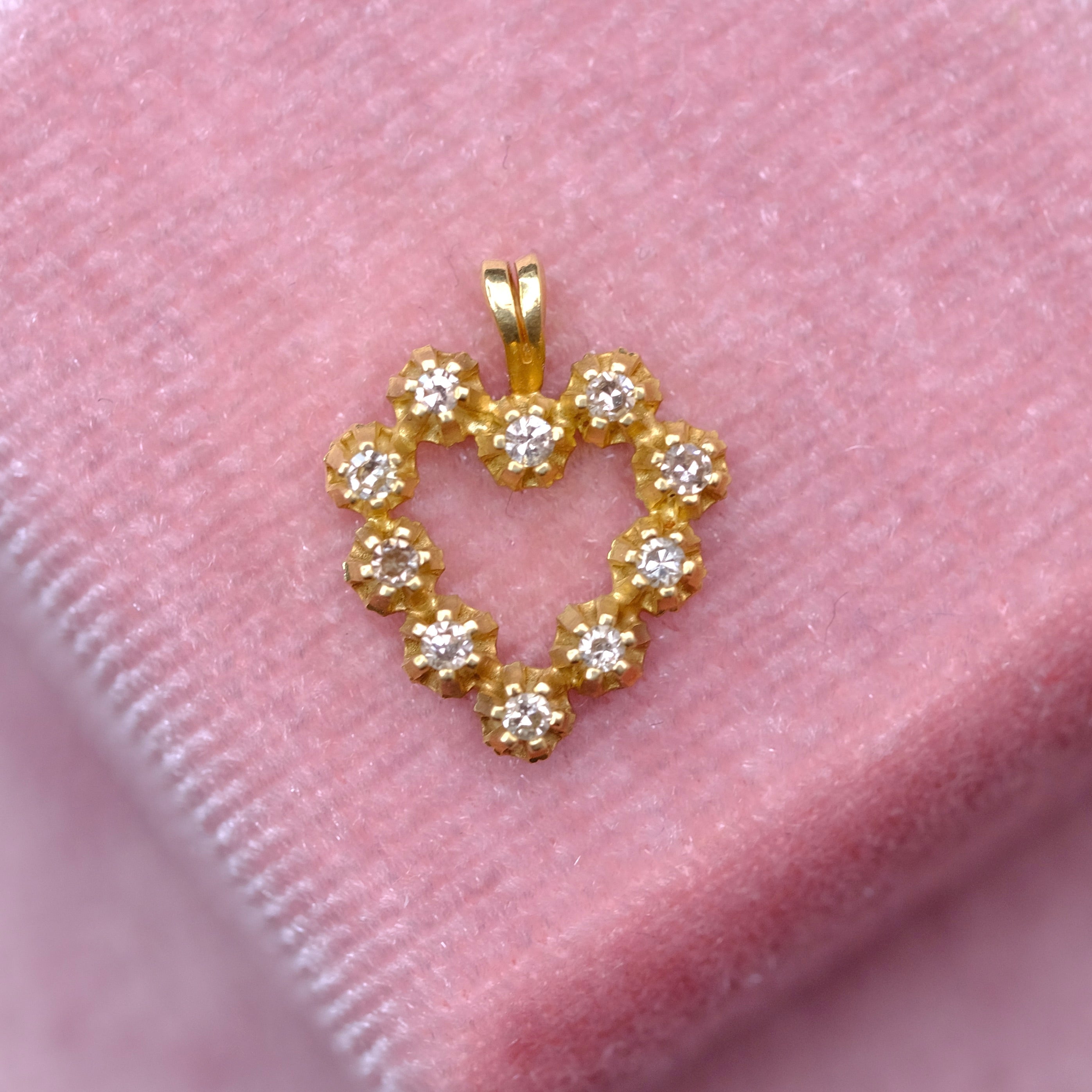 14K Real Yellow Gold Heart Charm set with genuine diamonds