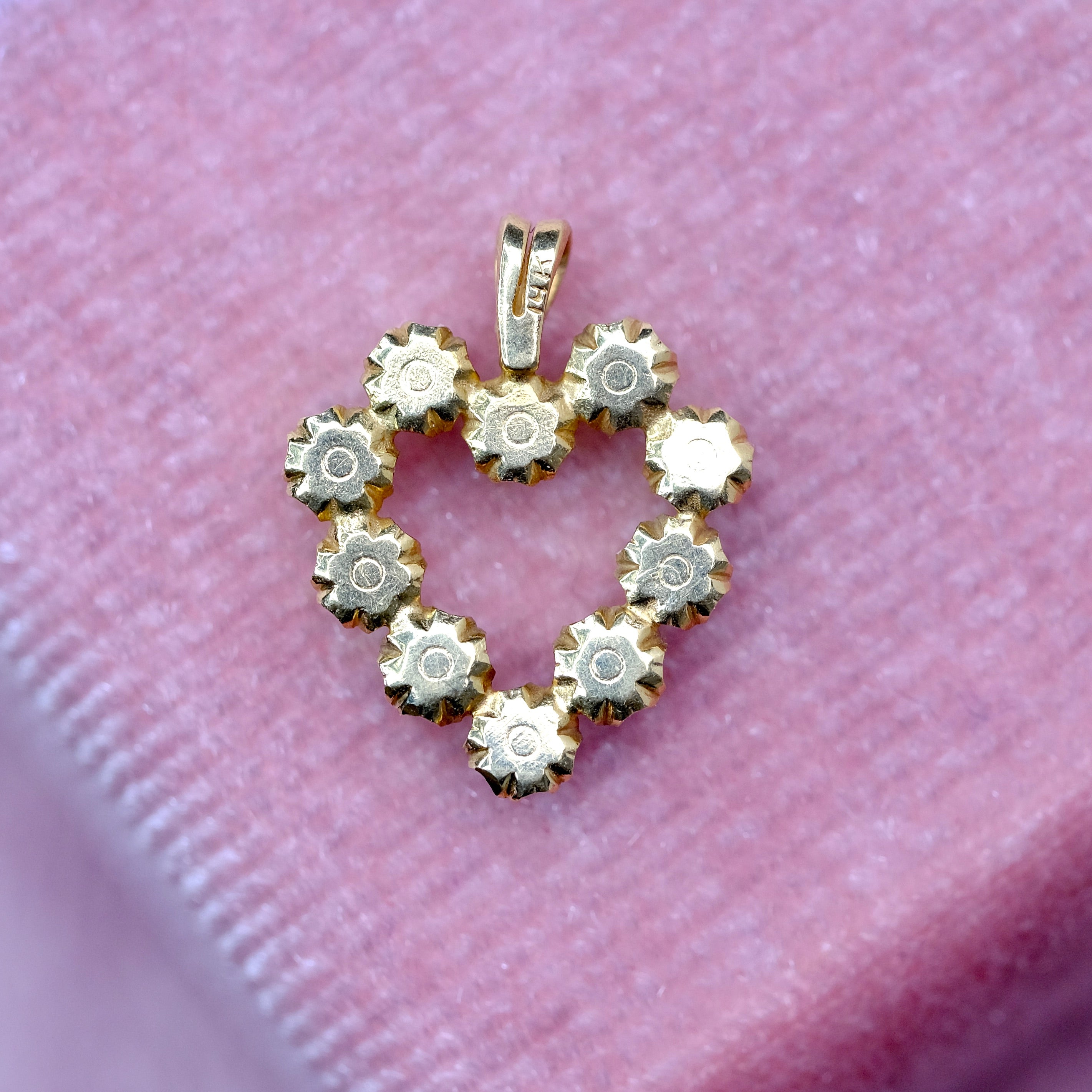 14K Real Yellow Gold Heart Charm set with genuine diamonds