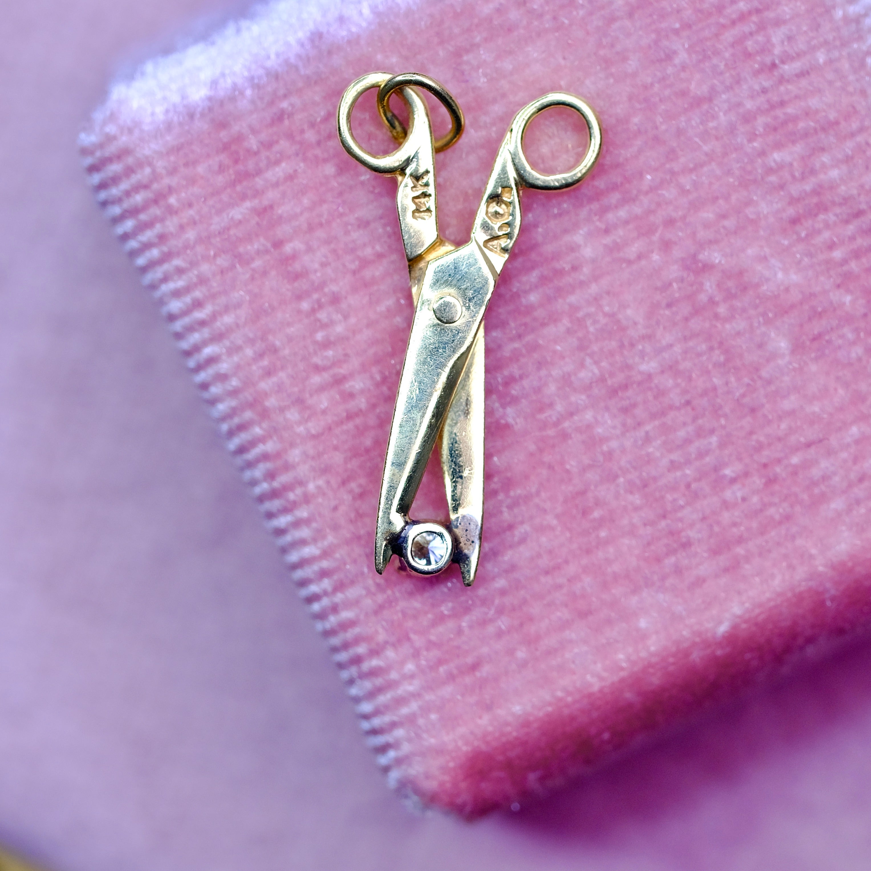 Unique Stamped 14K Yellow Gold Scissors set with Genuine Diamond