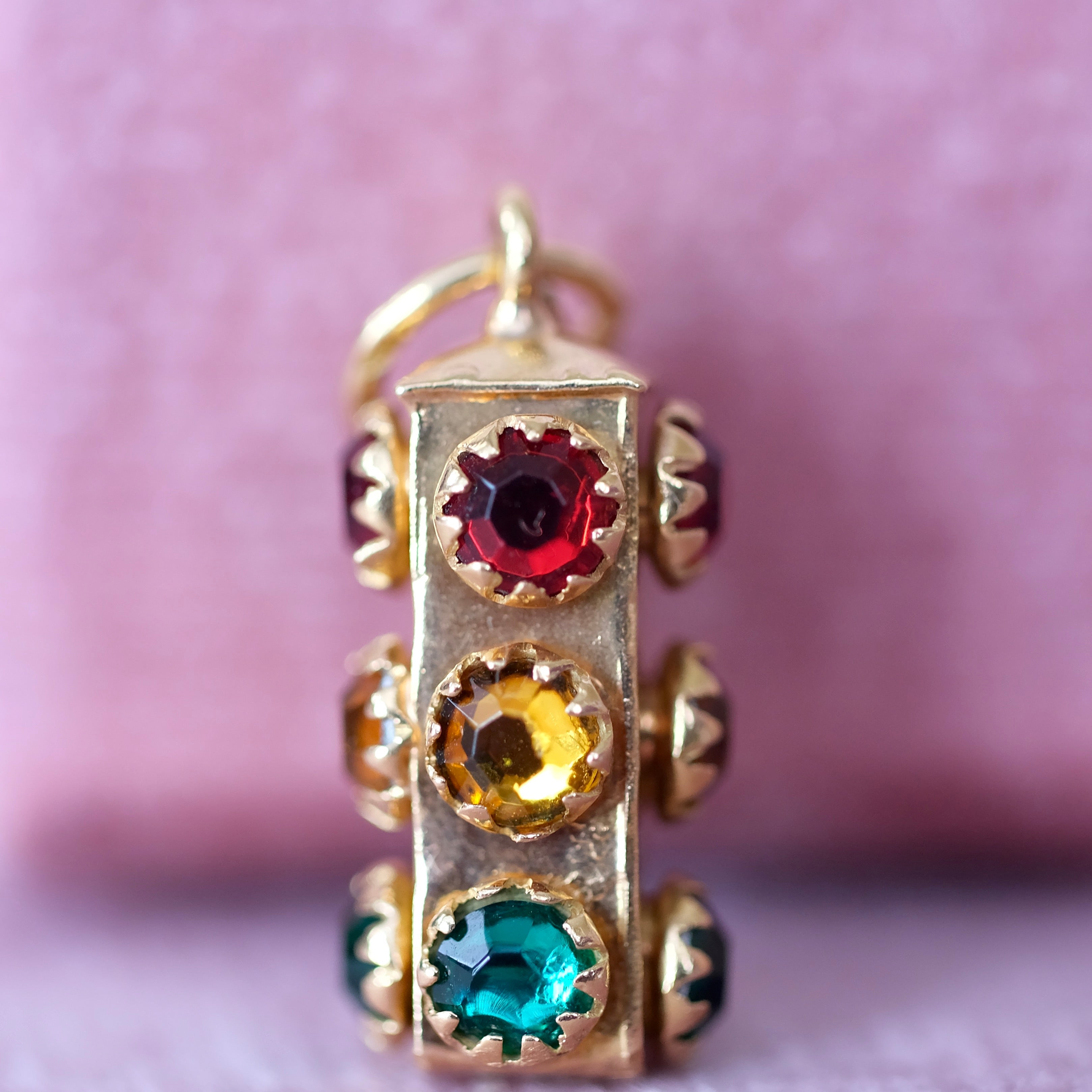 18K Real Yellow Gold Unique 3D Stop Light w/ Emerald, Ruby & Citrine Stone