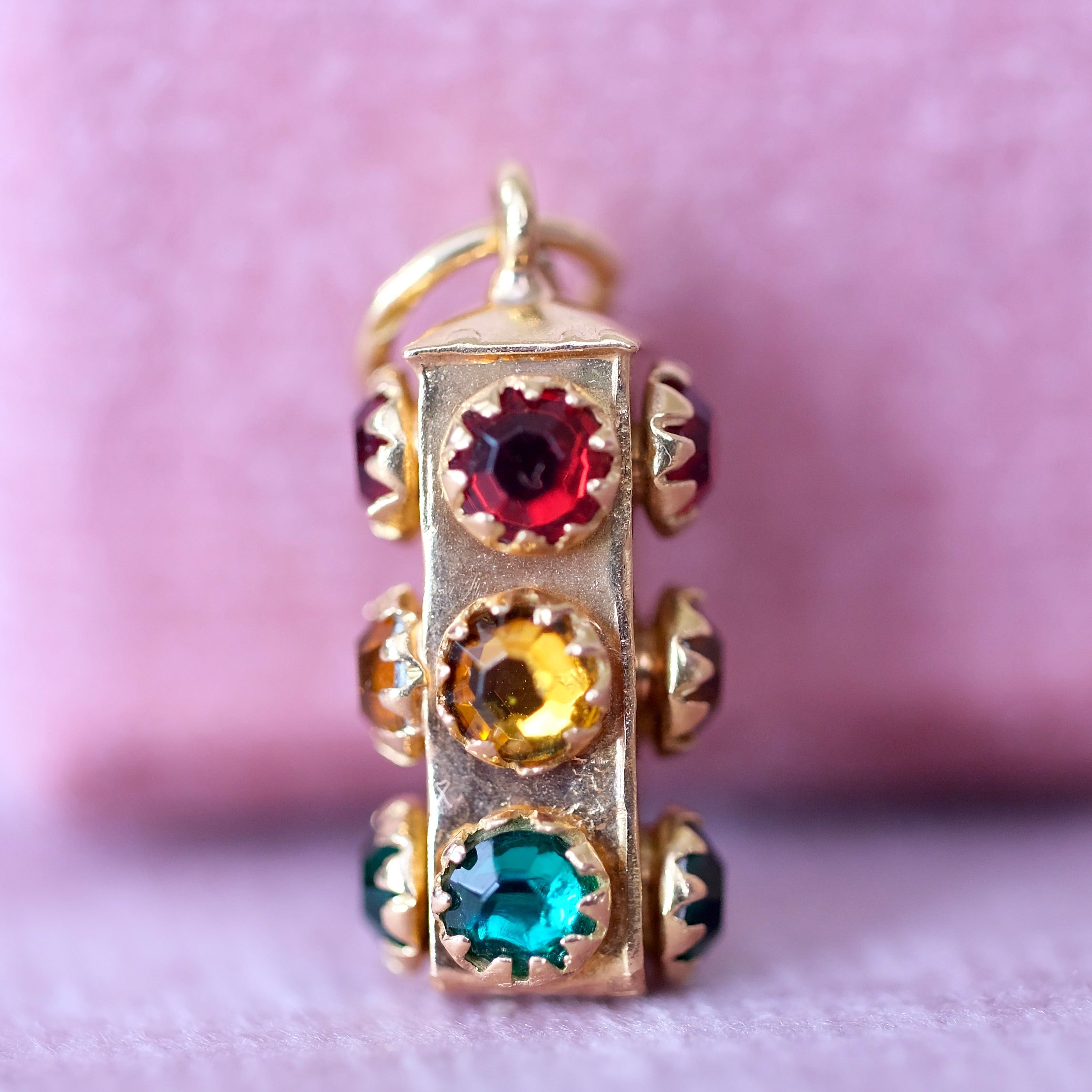 18K Real Yellow Gold Unique 3D Stop Light w/ Emerald, Ruby & Citrine Stone