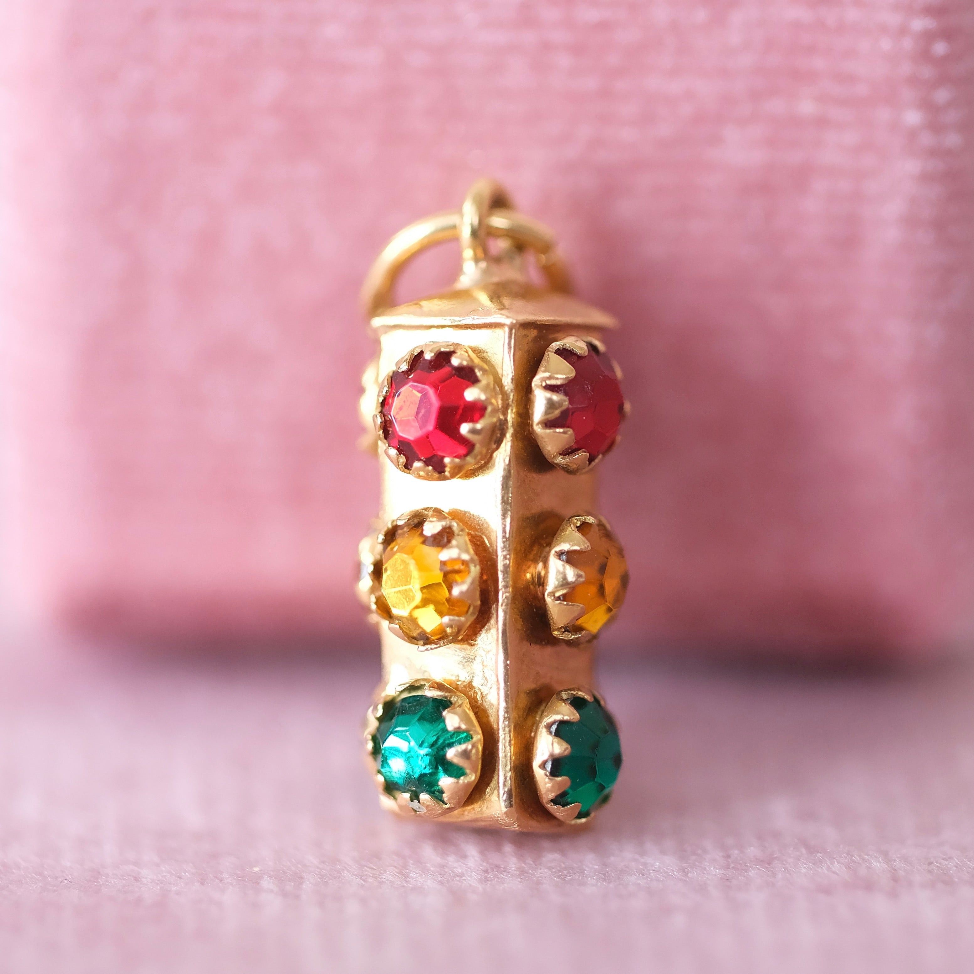 18K Real Yellow Gold Unique 3D Stop Light w/ Emerald, Ruby & Citrine Stone