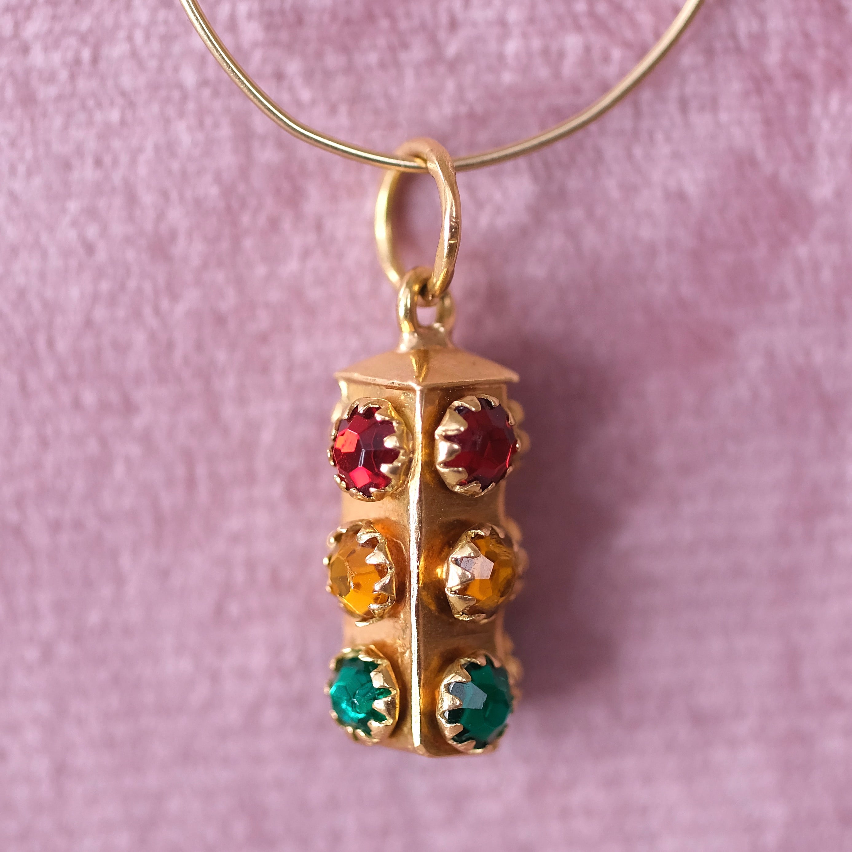 18K Real Yellow Gold Unique 3D Stop Light w/ Emerald, Ruby & Citrine Stone