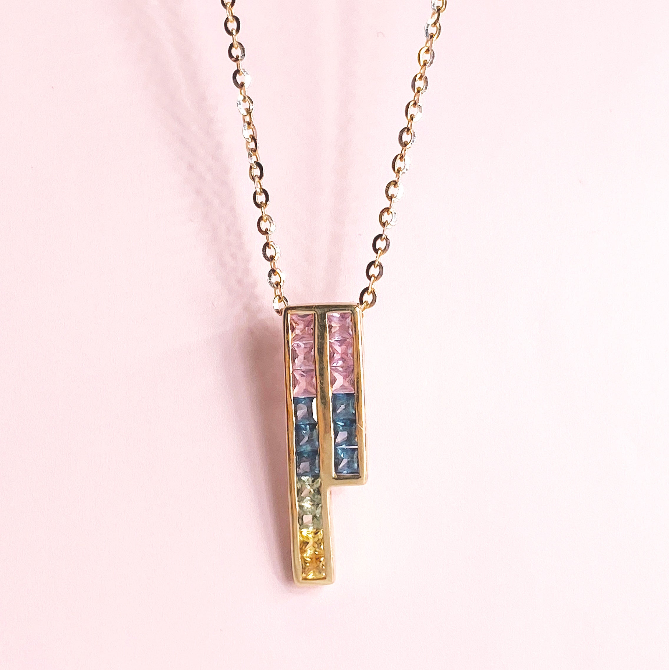 14K Real Yellow Gold Rainbow Asymmetrical Pendant for Women