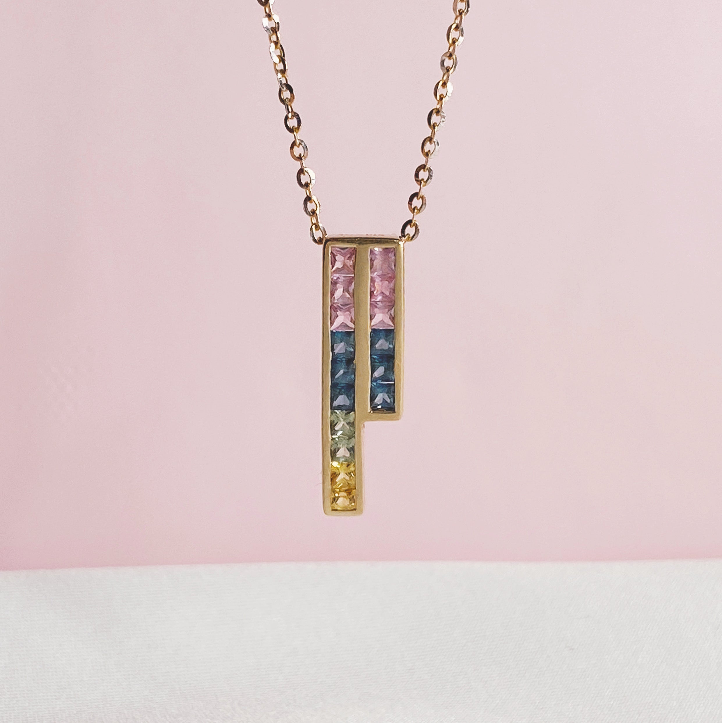 14K Real Yellow Gold Rainbow Asymmetrical Pendant for Women