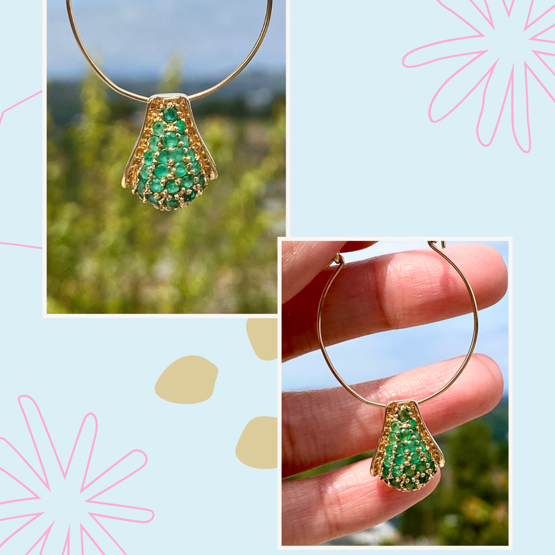 14K Yellow Gold Shell Look Pendant with Emerald Stones - MAY Birthstone