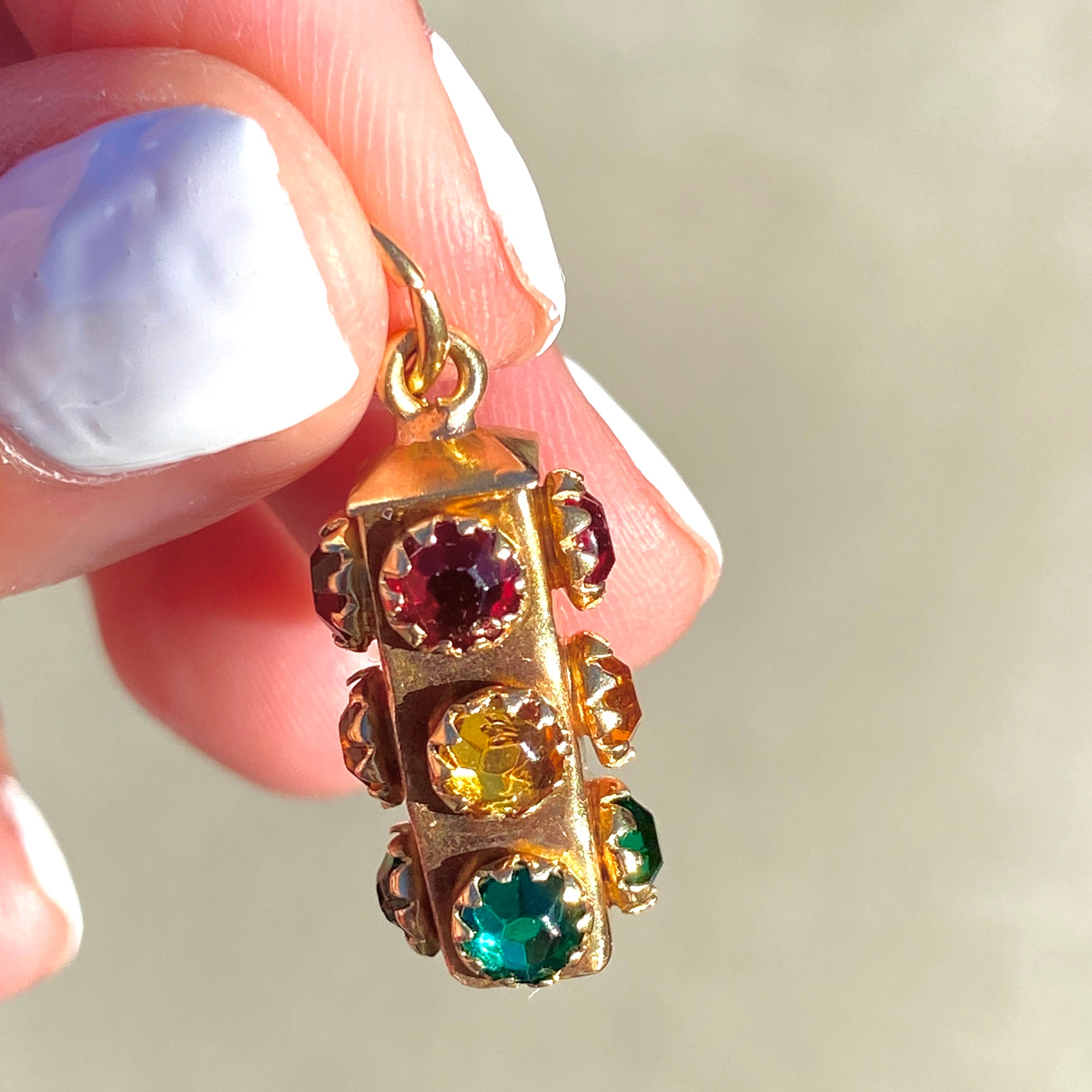 18K Real Yellow Gold Unique 3D Stop Light w/ Emerald, Ruby & Citrine Stone
