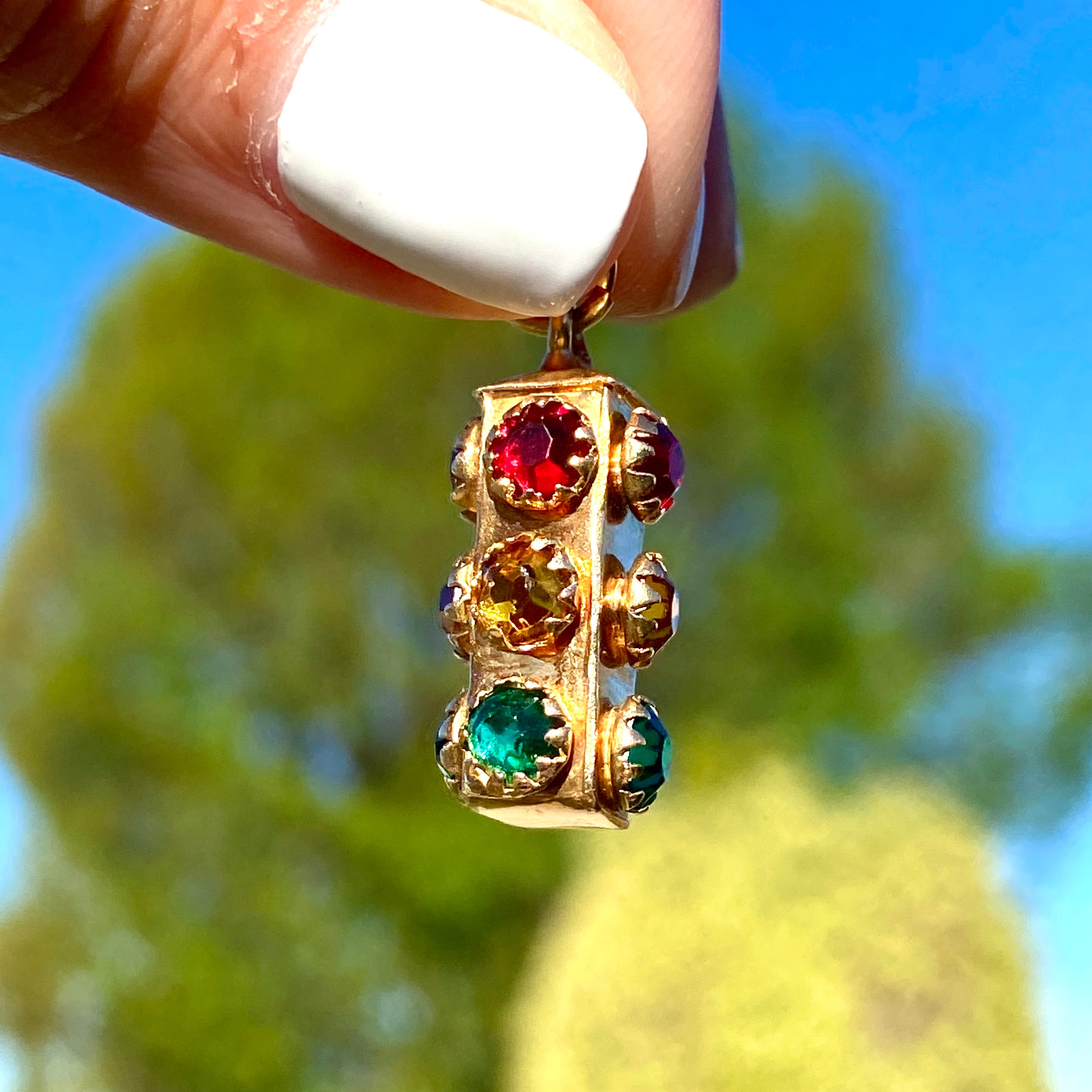 18K Real Yellow Gold Unique 3D Stop Light w/ Emerald, Ruby & Citrine Stone