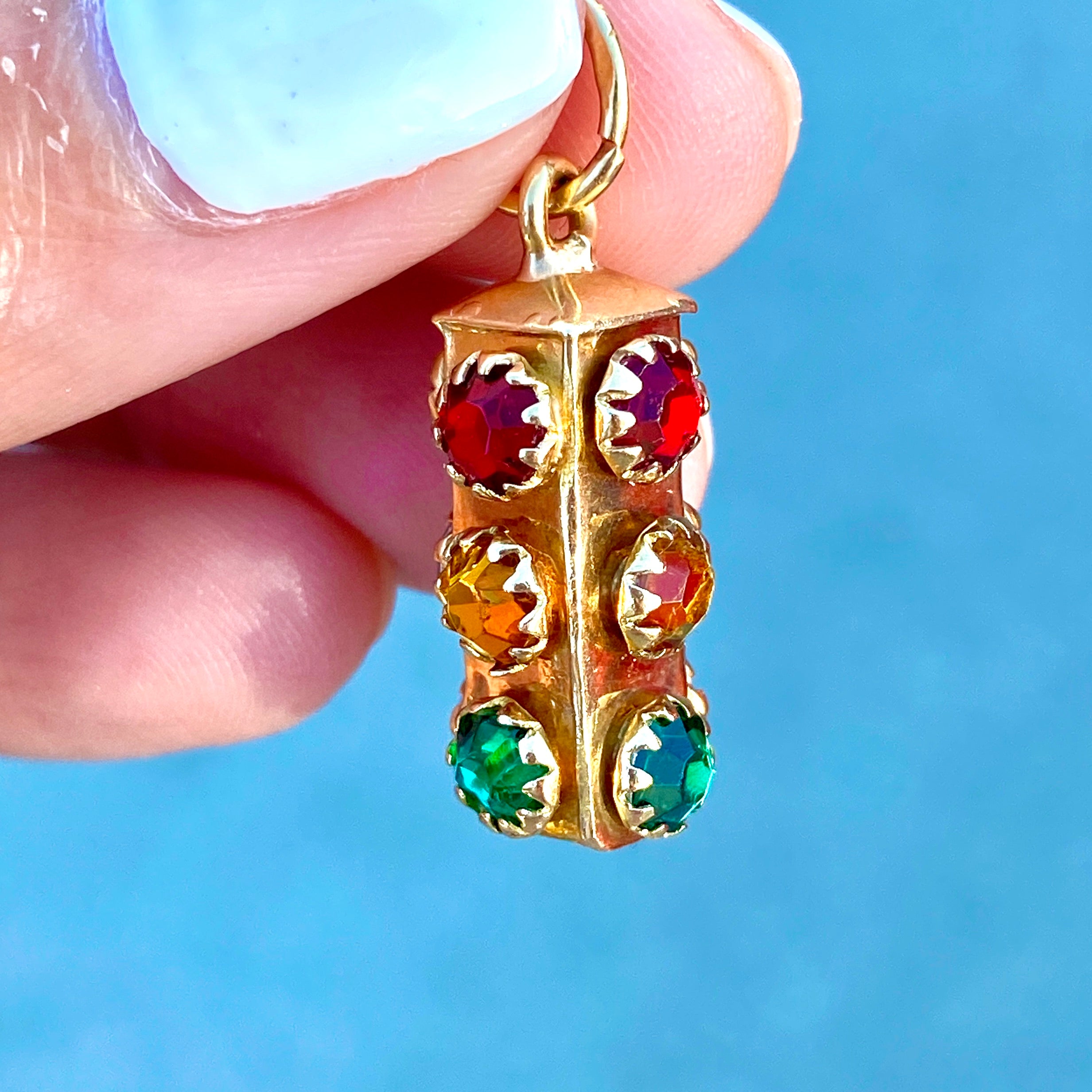 18K Real Yellow Gold Unique 3D Stop Light w/ Emerald, Ruby & Citrine Stone