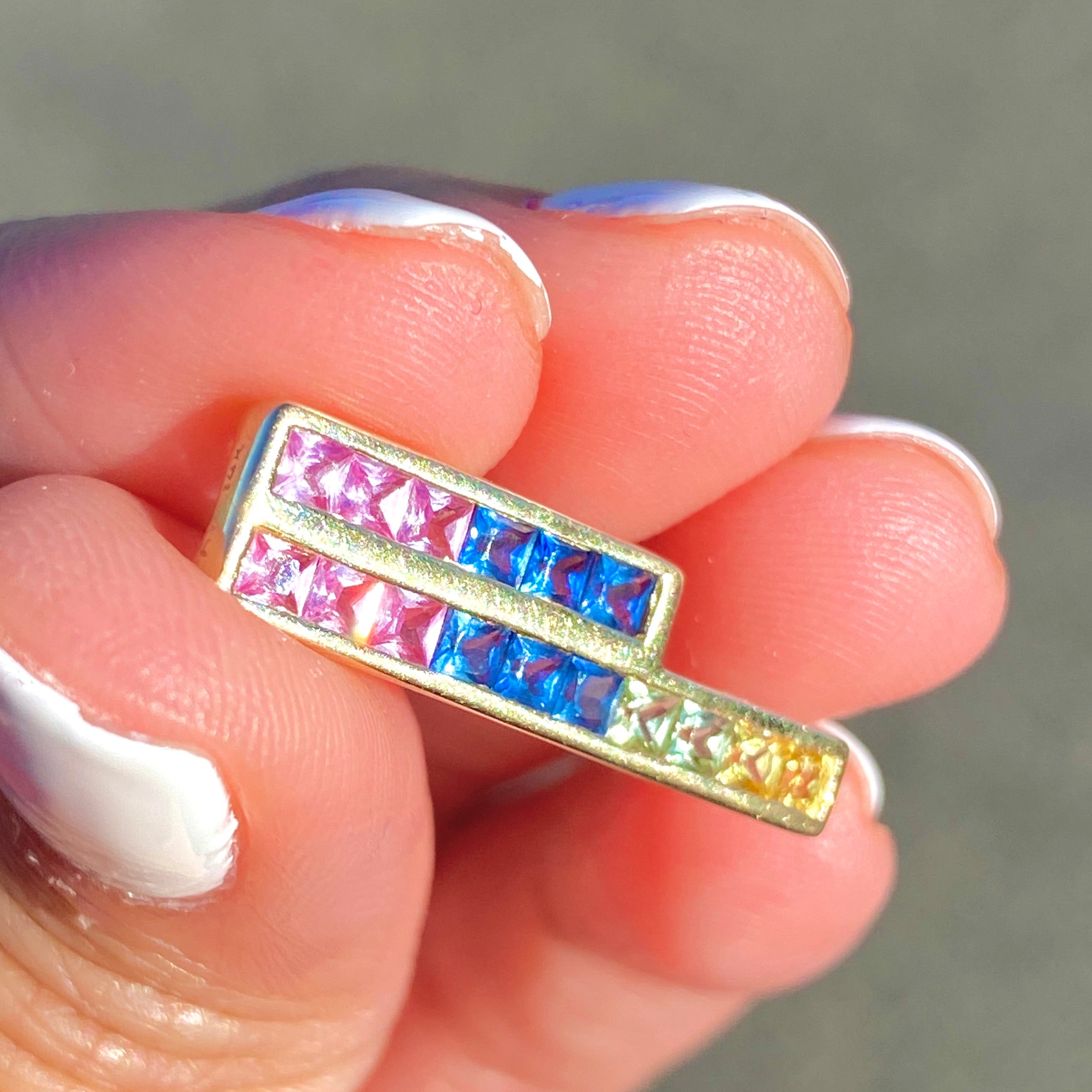 14K Real Yellow Gold Rainbow Asymmetrical Pendant for Women