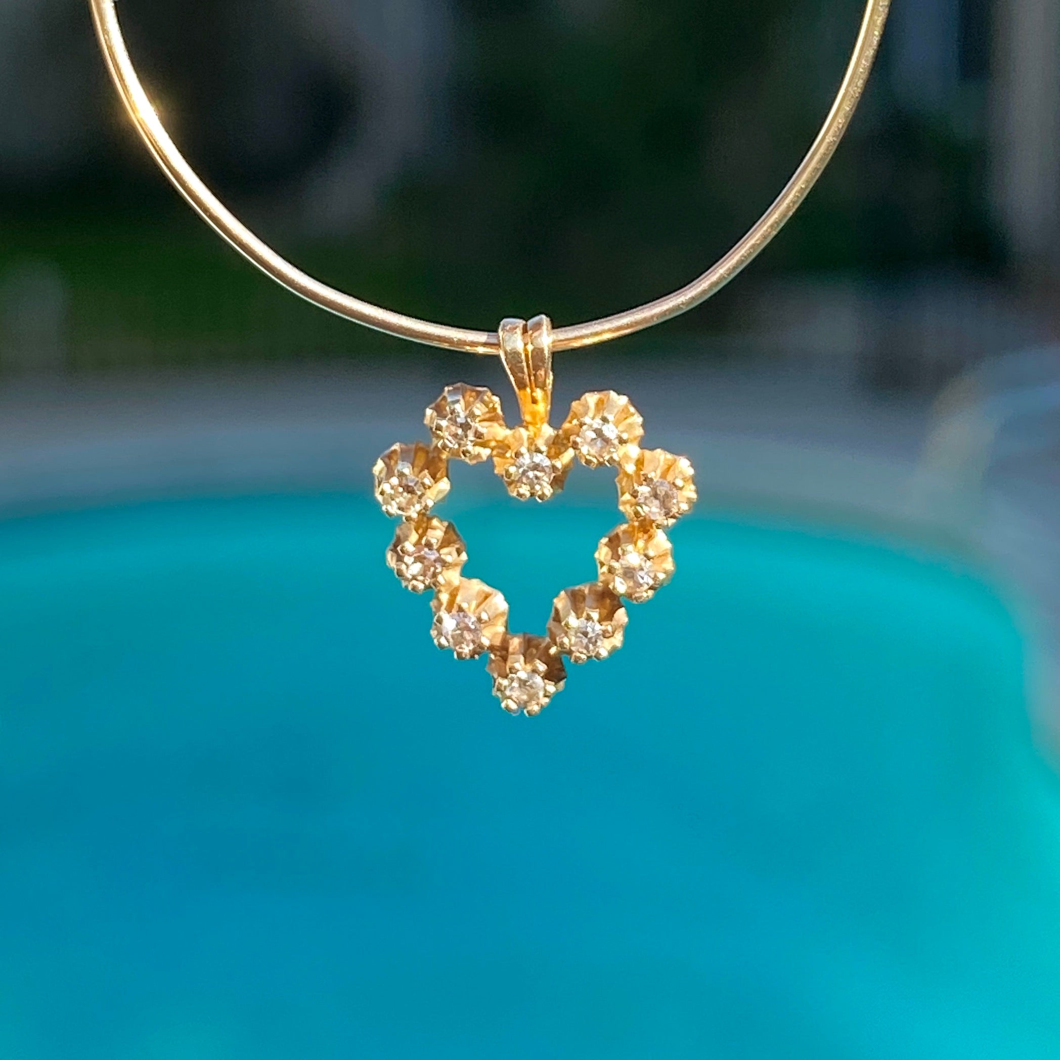 14K Real Yellow Gold Heart Charm set with genuine diamonds