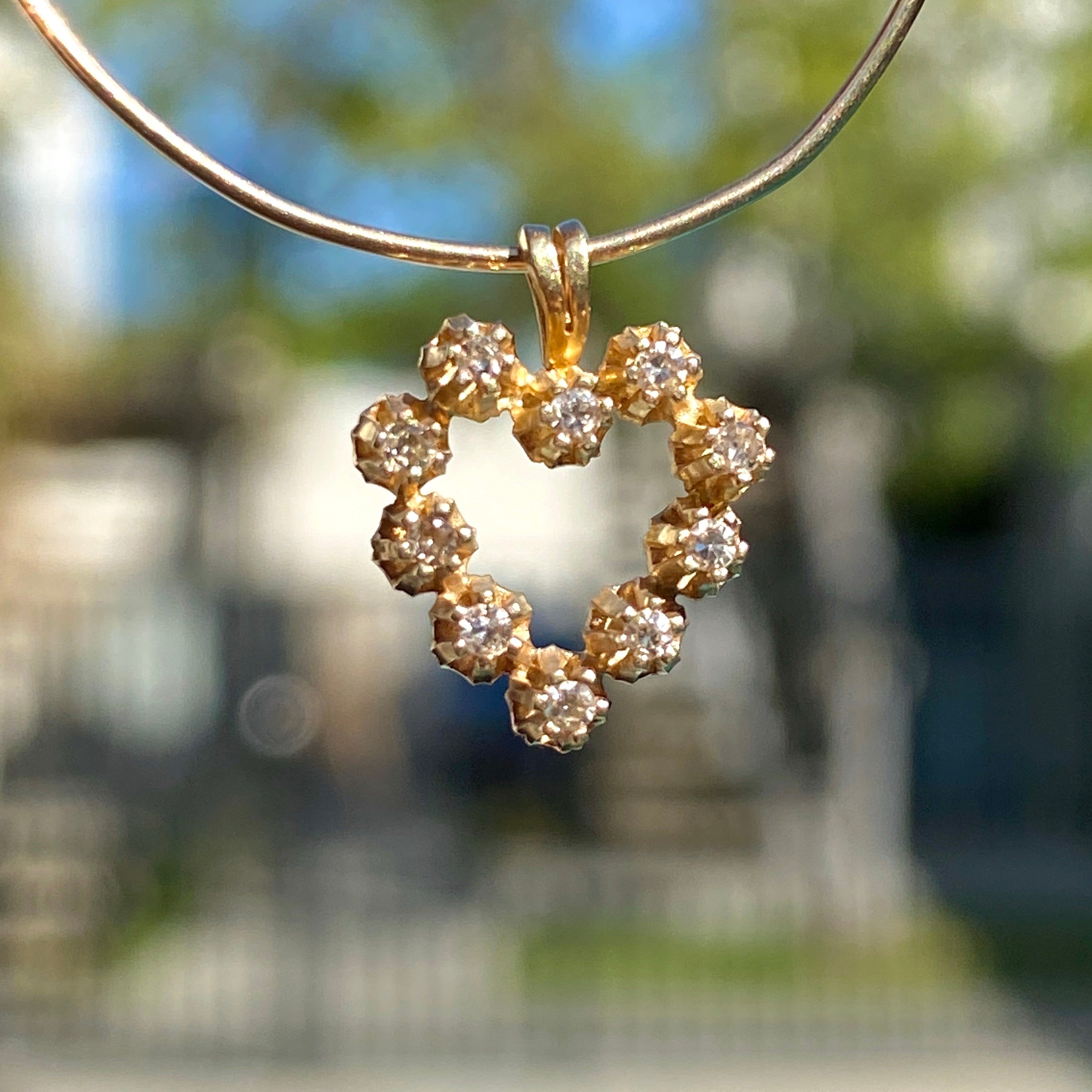 14K Real Yellow Gold Heart Charm set with genuine diamonds