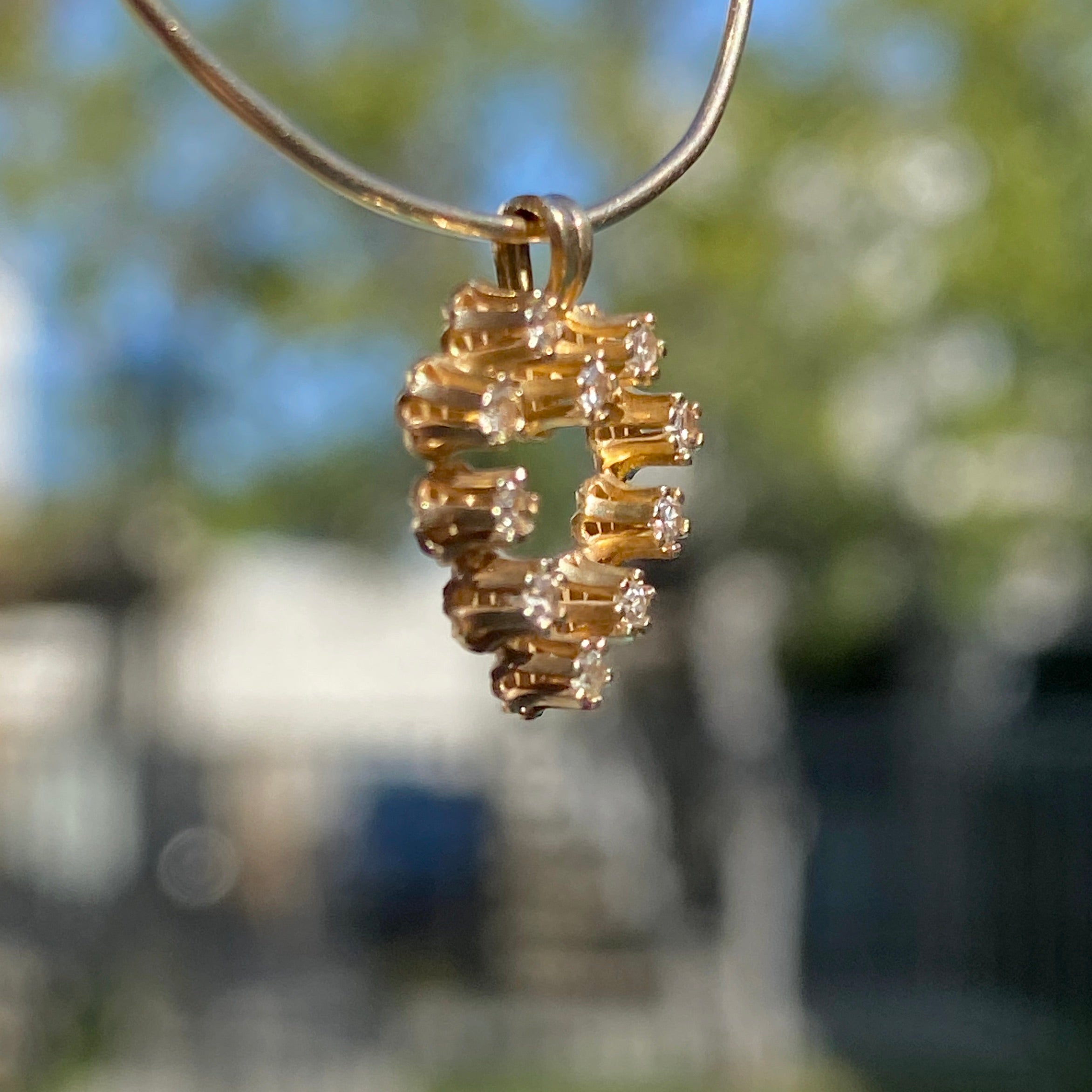 14K Real Yellow Gold Heart Charm set with genuine diamonds