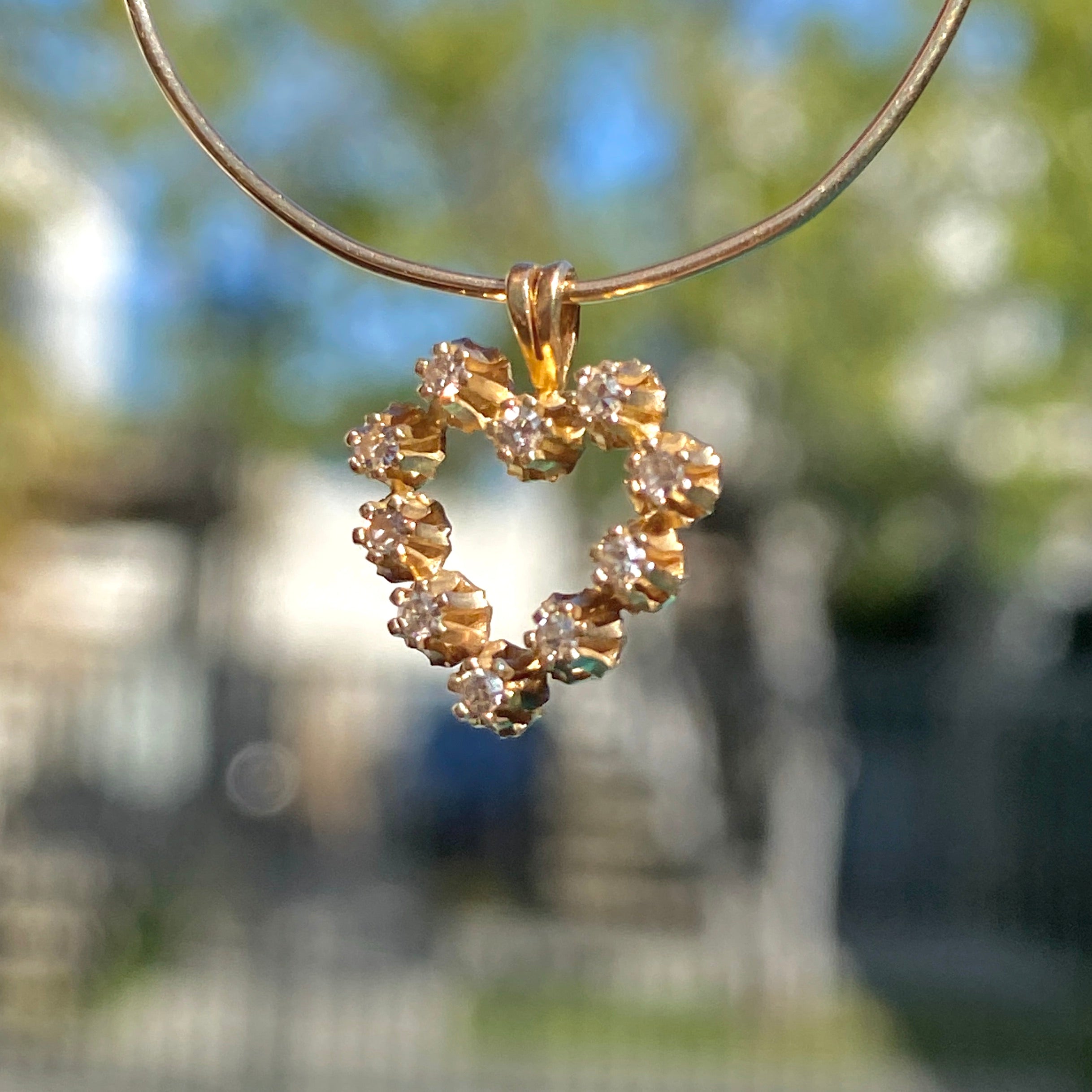 14K Real Yellow Gold Heart Charm set with genuine diamonds