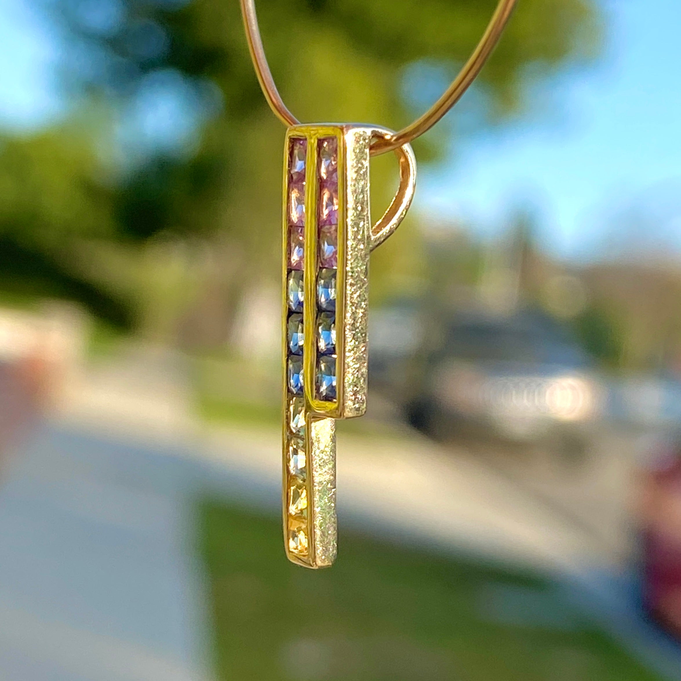 14K Real Yellow Gold Rainbow Asymmetrical Pendant for Women