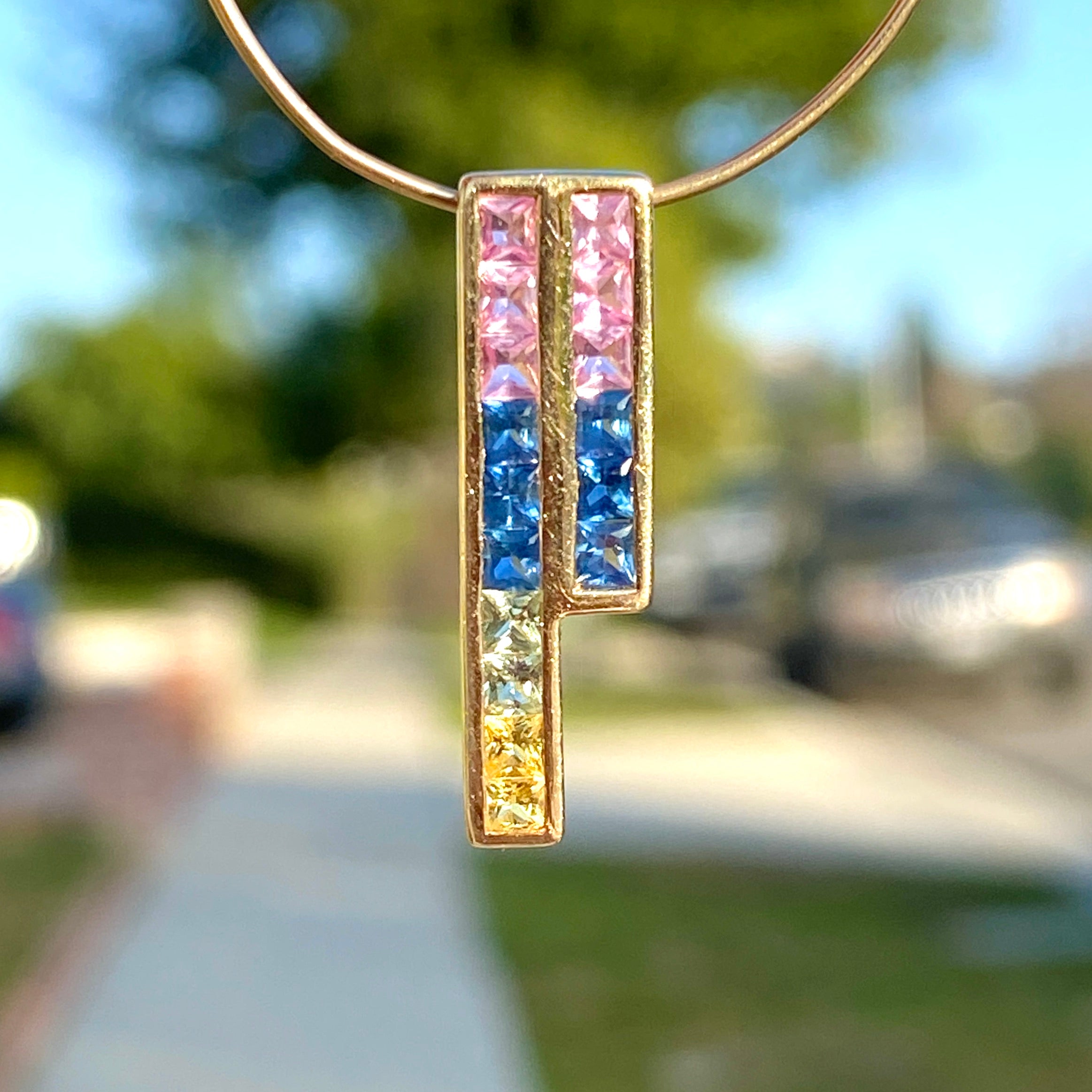 14K Real Yellow Gold Rainbow Asymmetrical Pendant for Women