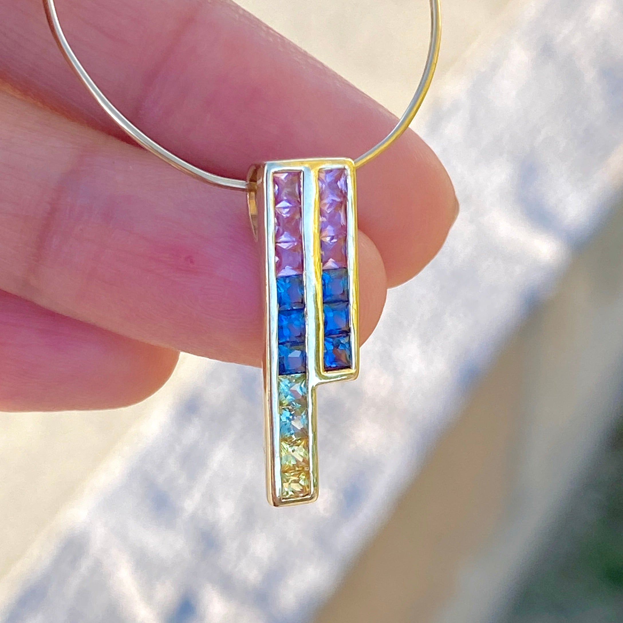 14K Real Yellow Gold Rainbow Asymmetrical Pendant for Women