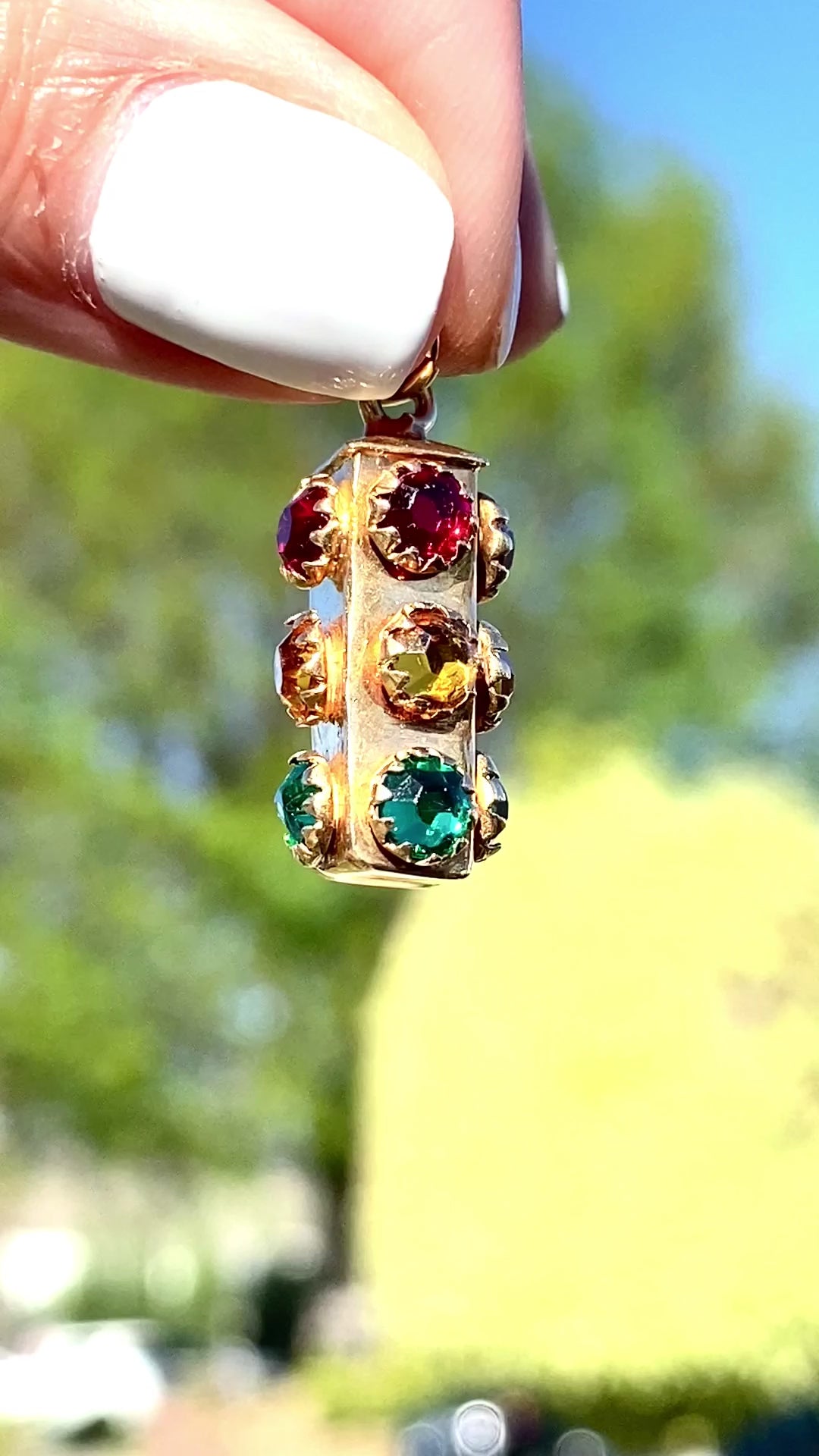 18K Real Yellow Gold Unique 3D Stop Light w/ Emerald, Ruby & Citrine Stone