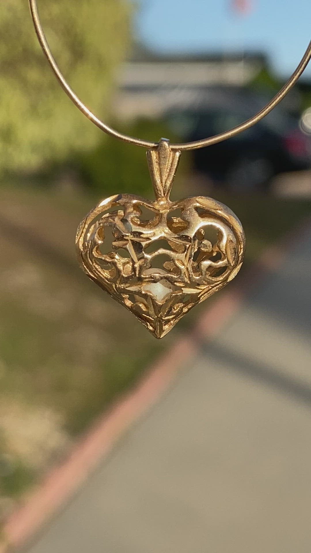 Vintage Unique 14K Yellow Gold Heart Pendant with Moving Pearl
